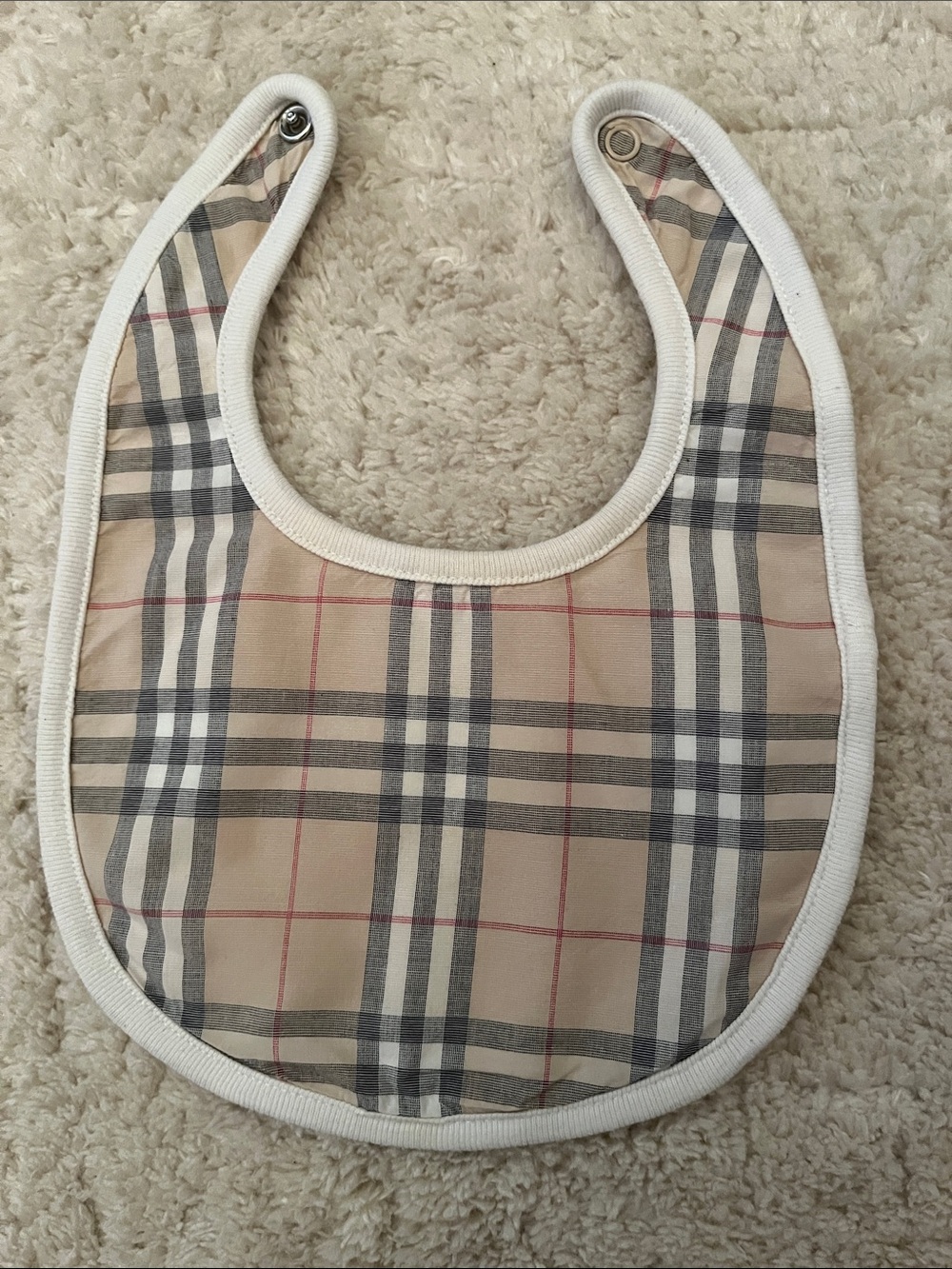 Burberry Nova Check Beige Plaid Baby Bib with White Trim